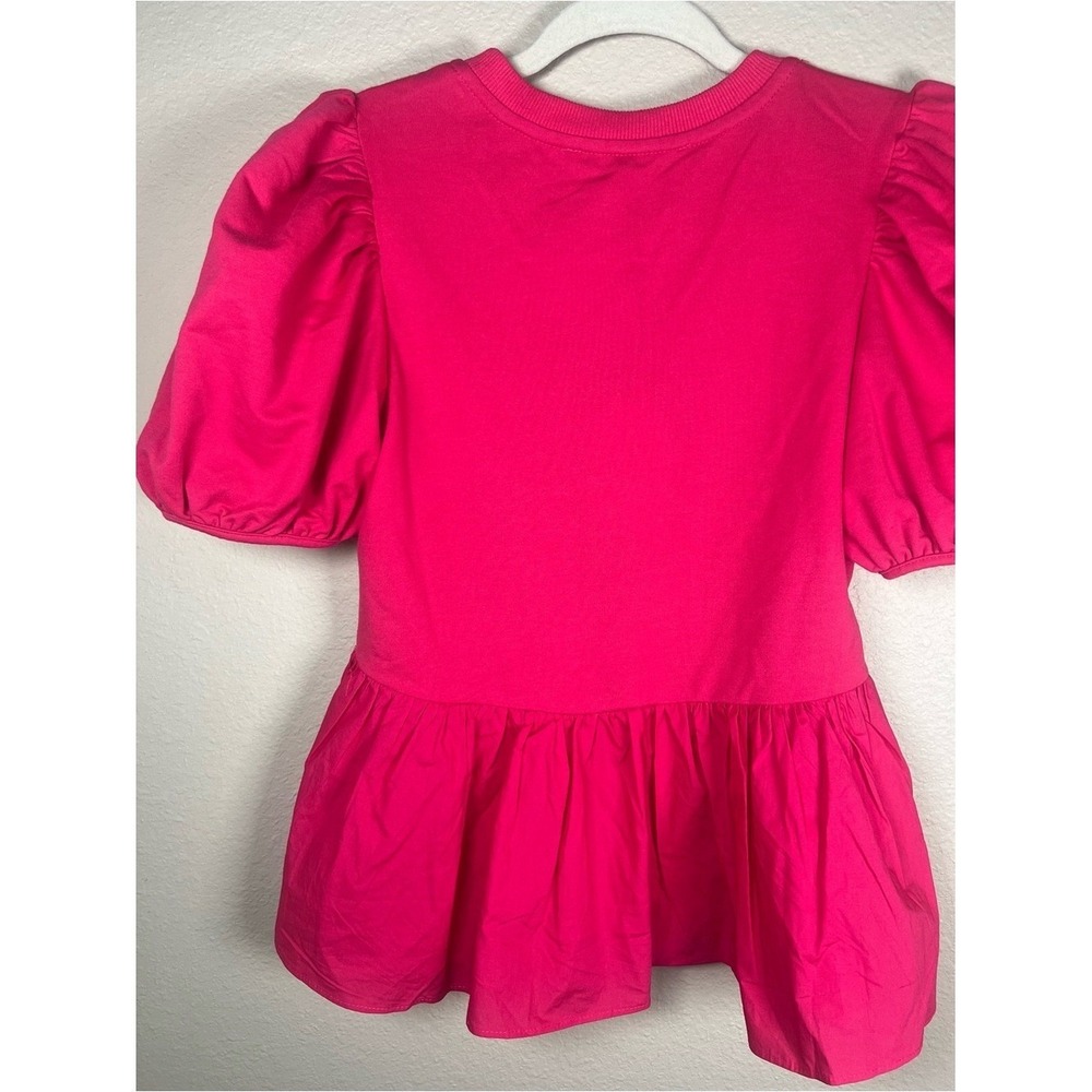 English Factory Mixed Media Puff Sleeve Peplum Top Pink XS NWT Crewneck Blouse - Picture 8 of 10